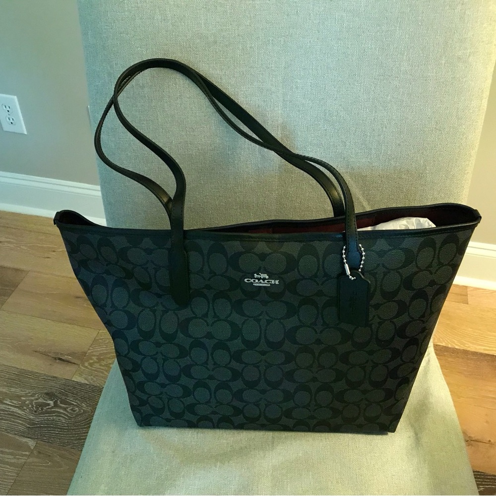 Coach Dark Charcoal Signature Tote with Leather Straps